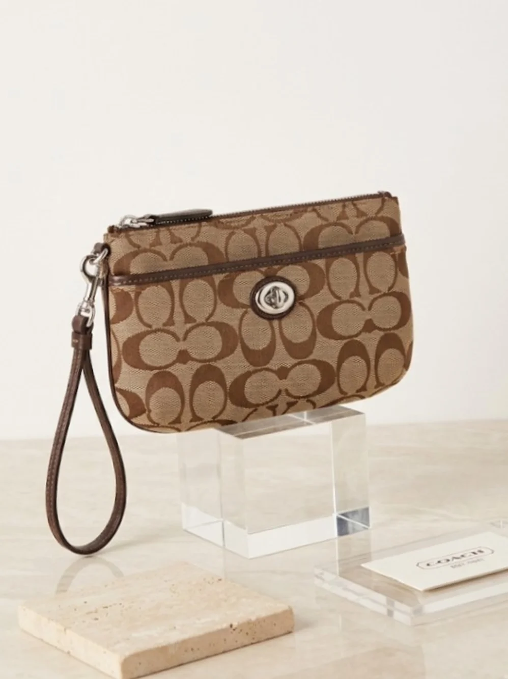 Coach Brown Signature Canvas Wristlet with Turn-Lock